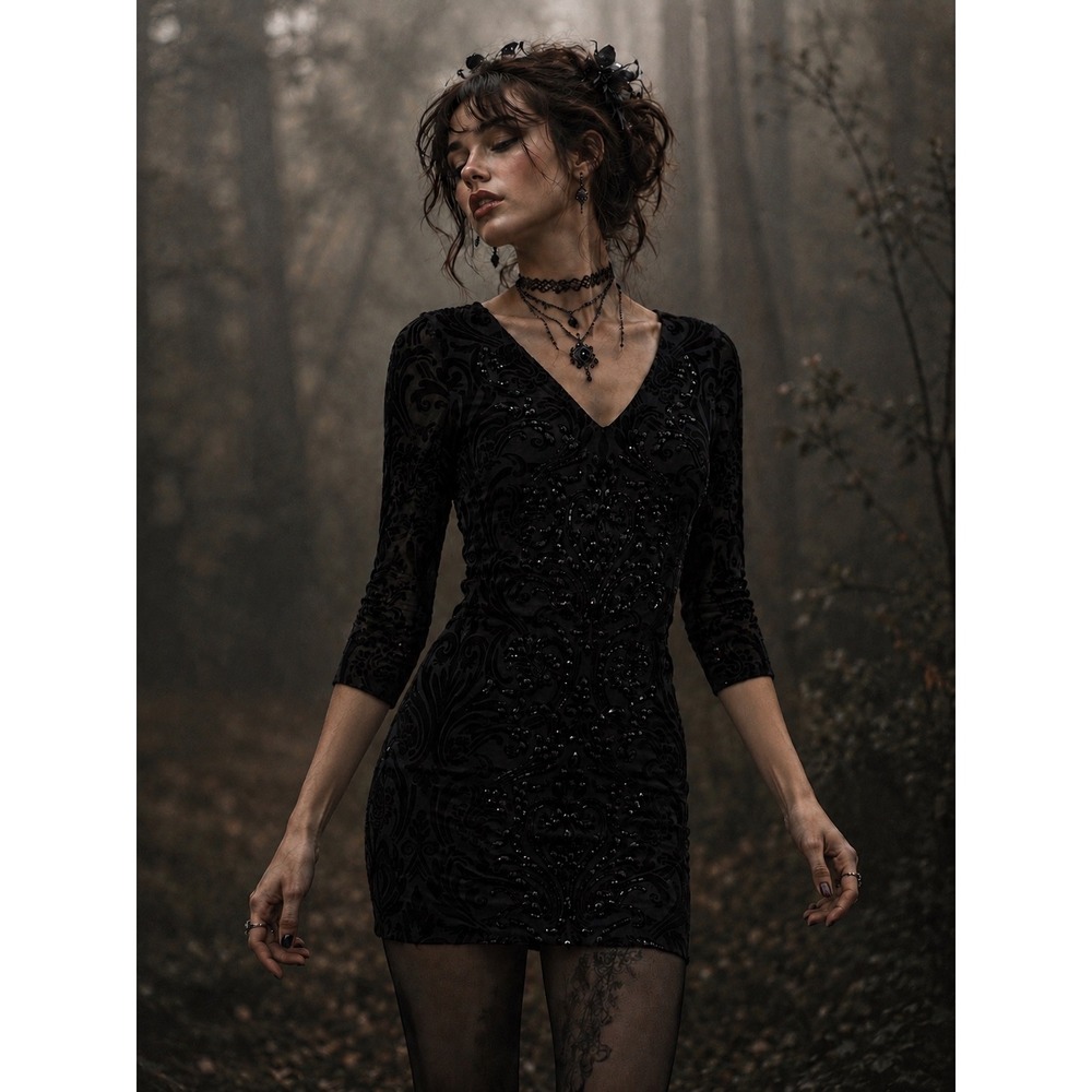 Cache y2k Black Velvet Burnout Beaded Sheath Dress 12 Whimsigoth Fairy Grunge